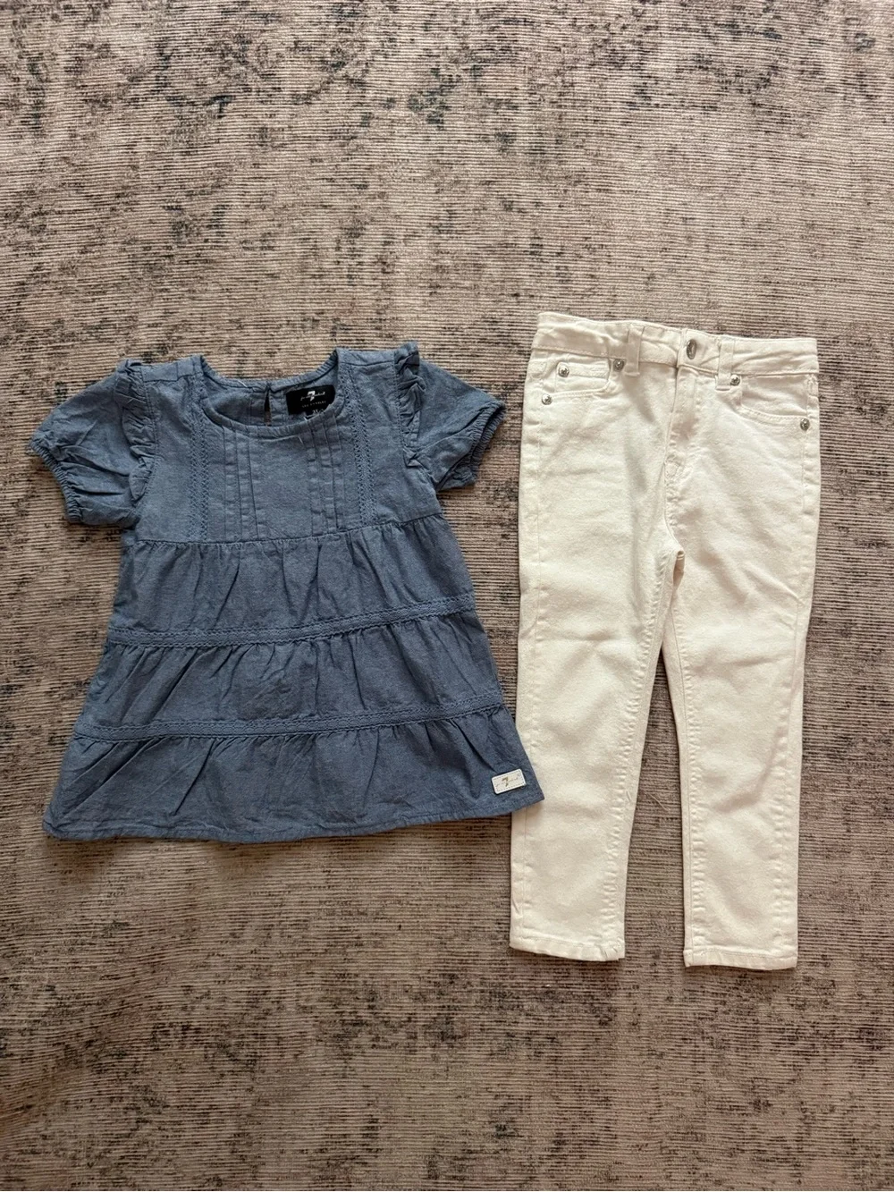 7 For All Mankind Light Blue Toddler Chambray Top and White Jeans